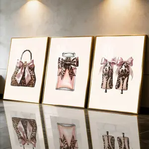 3Pcs Aluminum Alloy Framed Painting, Leopard Print Bag Perfume Heels Picture, Home Decoration For Living Room, Bedroom, OfficeWall Decor, Odorless Print Artwork, Luxury Perfect Gift For Friends And Family