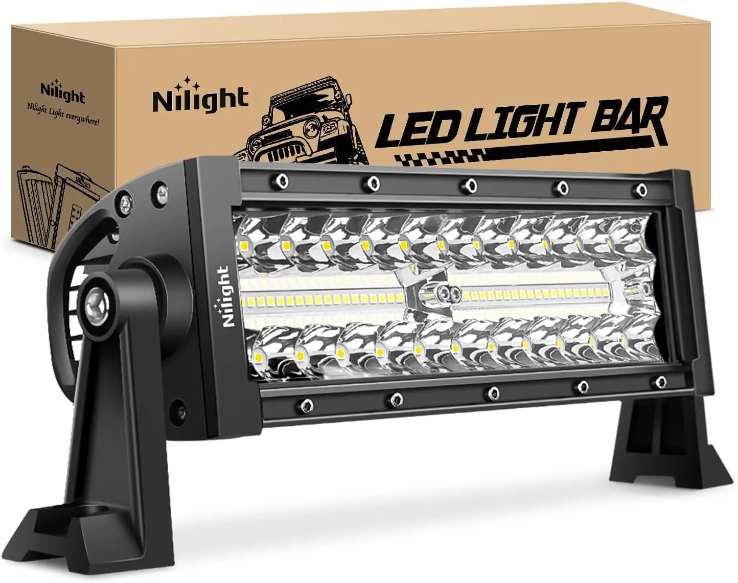 Nilight 9.5In 192W Triple Row Spot-Flood Combo 64LED Aluminum Alloy Car Light Bar with Sliding Mount - Dustproof Heavy Duty Off-Road Work Light for Trucks, SUVs, Boat, ATV, Tractor, Light Bar Car, Waterproof Ip67