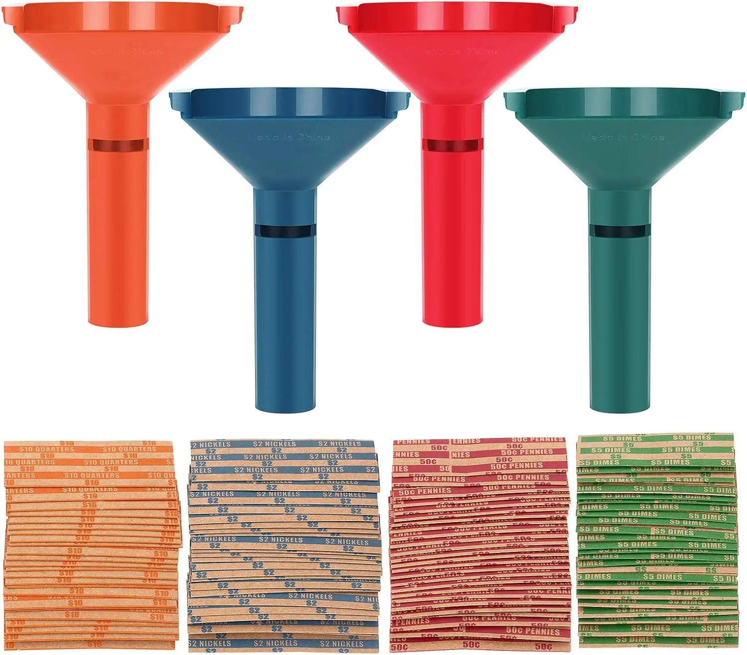 Coin Wrappers Assorted 100 Pcs & 4 Coin Sorters Tubes, Coin Rolls for Penny, Nickel, Dime and Quarter