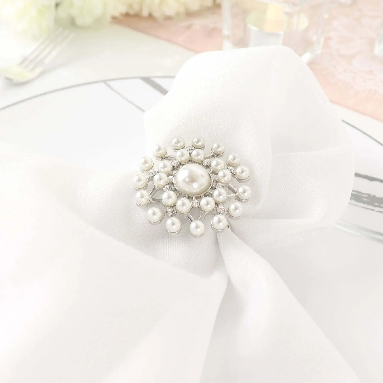 4-Pack Rhinestone Pearl and Diamond Silver Metal Napkin Rings - Decorative Napkin Buckle Holders for Home Dinner Cutlery Table Settings
