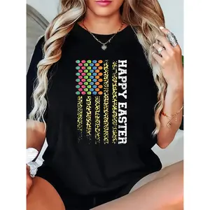 Techoblade Women's Happy Easter Graphic T-Shirt - Colorful Bubble Letter Design, Short Sleeve Crew Neck, Casual Top for Spring & Summer shirts women brandy melville outfits