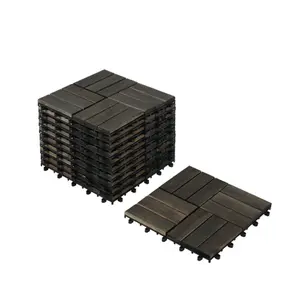Acacia Wood Interlocking Deck Tiles Checker Pattern, 10PCS 12" x 12" Square Dark Brown Acacia Hardwood Outdoor Flooring for Patio, Bancony, Pool Side