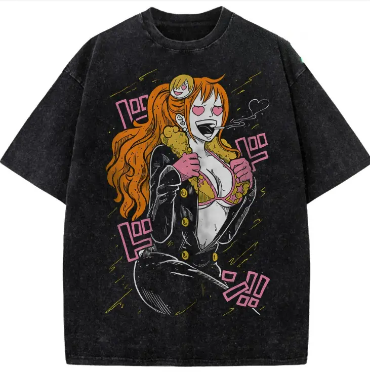 Nami x Sanji Shirt, Vintage Nami Heart Eyes Bootleg Style Shirt, Anime Shirt, Modern Cute Sanji Fan Merchandise Egghead Island Aesthetic Washed Black Mineral Wash Tee Japanese Manga Gift