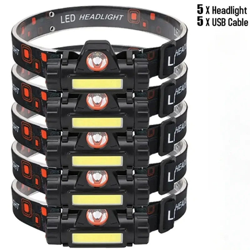 5PCS Portable Mini Powerful LED Headlamp XPE+COB USB Rechargeable Hunting Headlight Waterproof Head Torch with Tail Magnetic outdoor lights solar