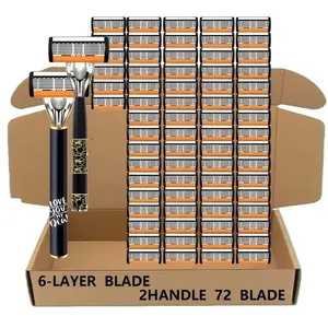 Men's Six-Layer Safety Shaving Razors Set, 72 Replacement Blades, Two Handles, Gentle on Sensitive Skin, Smooth Easy Shave for Thick Rugged Beards