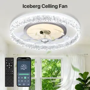 DEMILARE Dimmable LED Fandelier - Textured Glass Crystal Style Flush Mount Fan-Light Combo, 6-Speed Forward/Reverse Wind, Remote-Controlled Indoor Lighting with Remote Holder, White Finish Fan for Bedroom Living Room, Led Ceiling Lights, Colorful Ambient