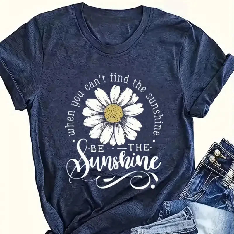 Women's Daisy & Letter Print Round Neck Tee, Fashion Casual Crew Neck T-Shirt for Daily Holiday Vacation Outdoor Wear, Ladies Clothes for All Seasons, Top
