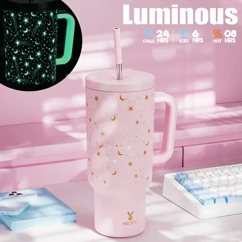 MEOKY 40oz (1-2L) Blush Pink Glow-in-the-Dark Star Print Portable Leakproof Tumbler - Double Wall Insulated Stainless Steel Vacuum Flask, Water Bottles, Handle, Non-Slip Base, Car-Friendly BPA-Free, Built-in Straw#blackfriday #friendsgiving#giftideas