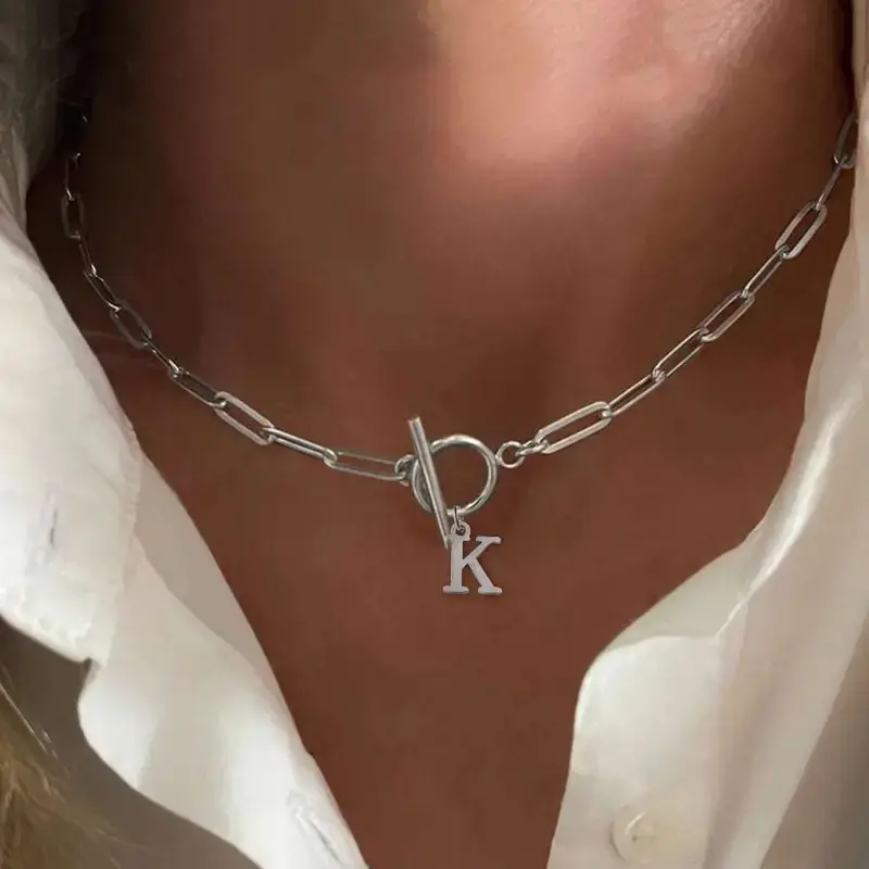Women's 26-Letter Initial Pendant Necklace, Dainty Titanium Steel Collarbone Chain with Paperclip Buckle, Lightweight & Versatile Artificial Gemstone Jewelry Accessory, Dainty Initial Necklaces, Gold Paperclip Chain, Adjustable Pendant, Birthday, Casual,