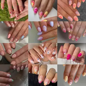 Short Oval Shape Nail Art Stickers Set, Cute Bee & Beetle Designs, Unique Floral Patterns, French Acrylic Press-On Nails, Easy Wear, Perfect for Women & Girls