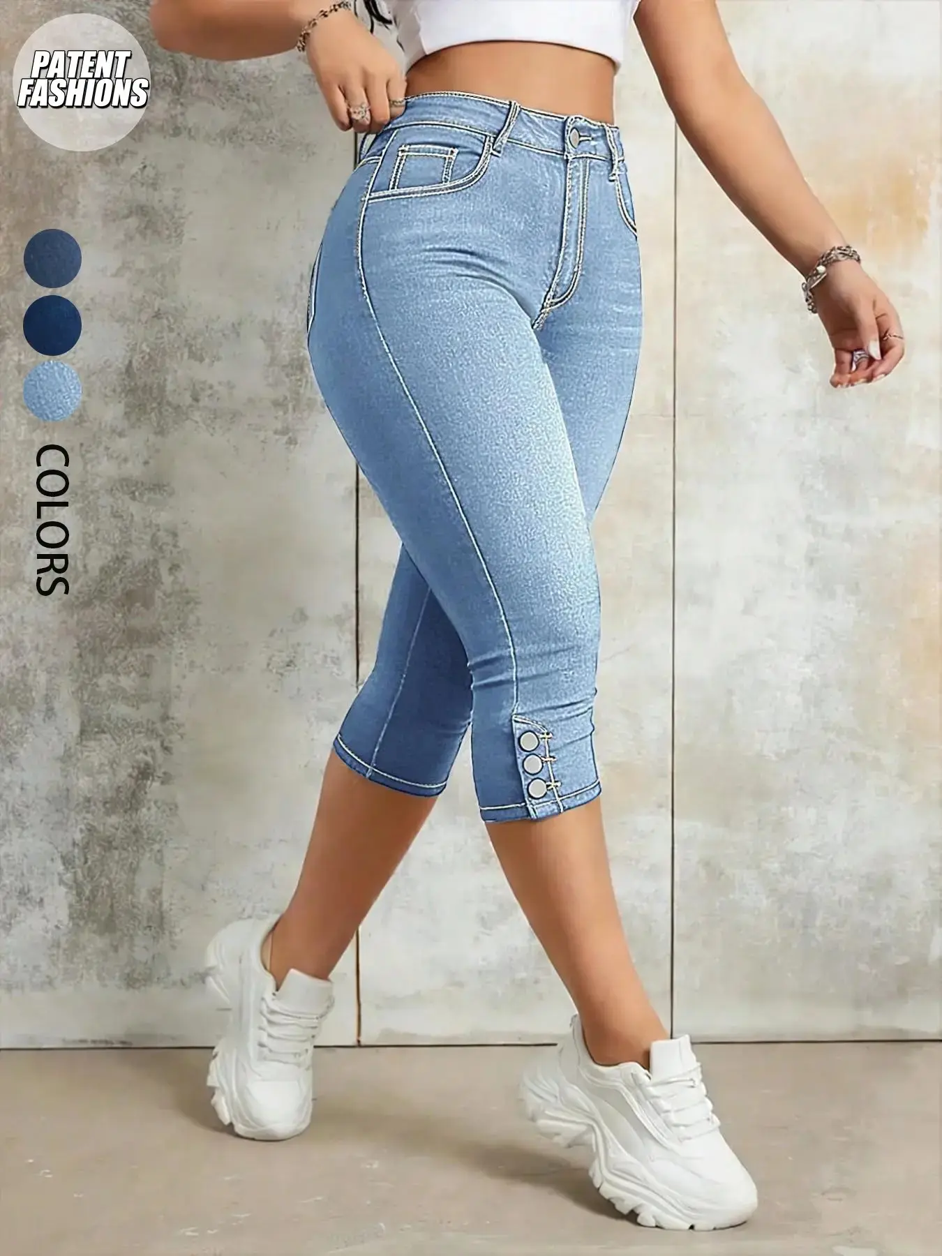Women's Pockets Button Stretch Slim Fit Denim Capri Jeans Pants, Cropped Stretchy Jeans, Casual Butt-Lifting Daily Wear for All Seasons