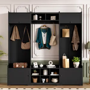 VIBE HAUS 79.1''Wide Modern Hall Tree with Shoe Storage, 4-in-1 Entryway Bench with 8 Cubbies, 7 Coat Hooks & Adjustable Shelf for Hallway, living room, Closet System with Shoe Rack and Hanging Rods, Modern Walk-in Closet Organization Wardrobe#Summervibes