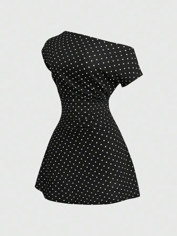 GADGEET Women's Romantic Polka Dot A-Line Dress With Waist Cinching Design, Slimming Fit, Suitable For Spring/Summer, Dates Or Casual Dining