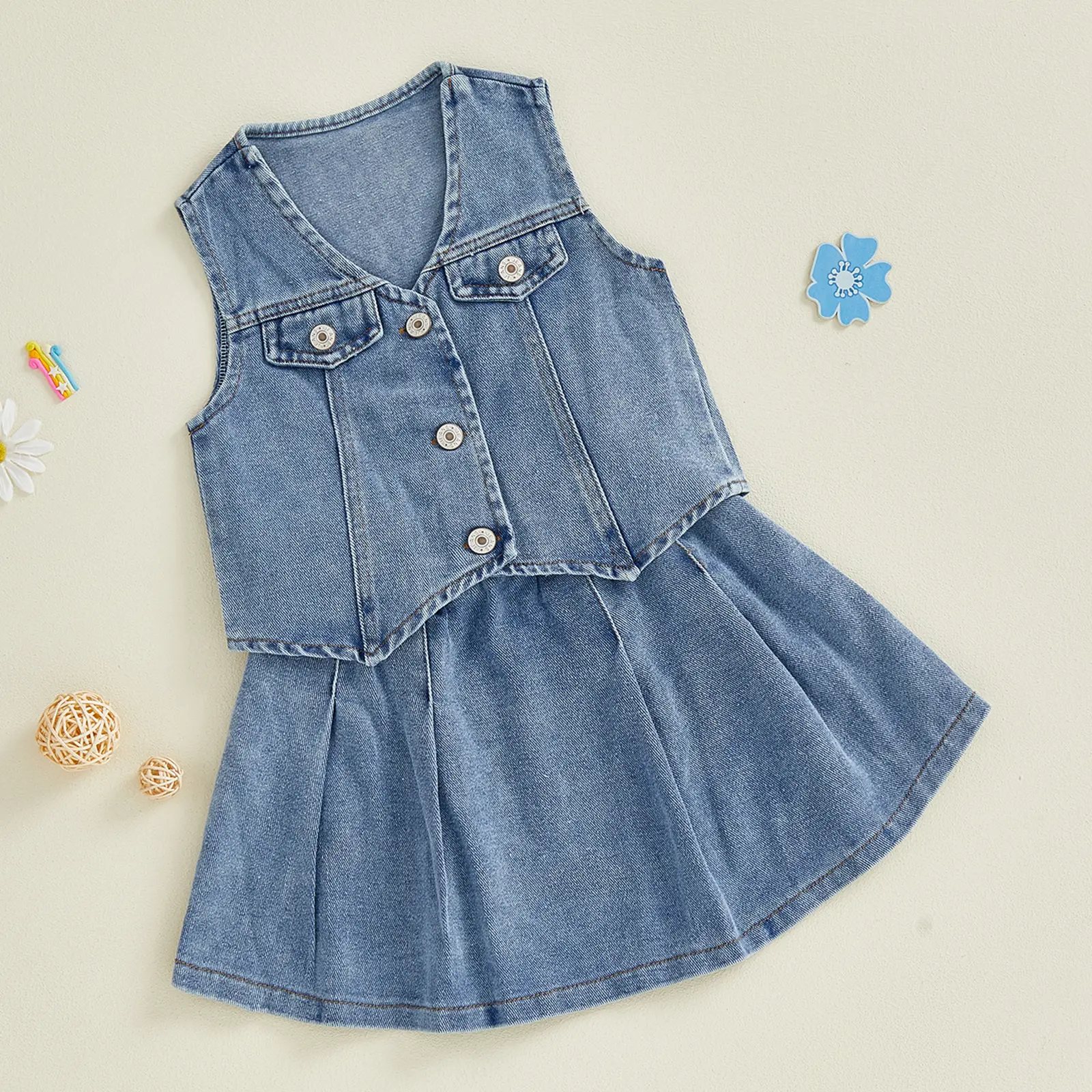 Toddler Baby Little Girls Denim Set Button Down Vest and Pleated Skirt 2 Piece Outfit for Parties School and Daily Wear 1-6 Years
