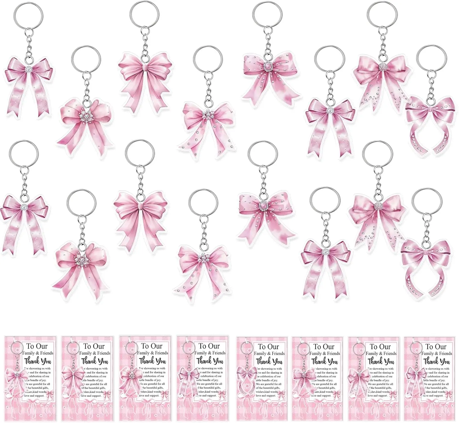 32-Piece Unisex Pink Coquette Bow-Shape Animal Double-Sided Acrylic Keychain Set with Thank-You Cards, Organza Bags, 8 Cute Designs - Birthday Party Favors, Home & Party Supplies