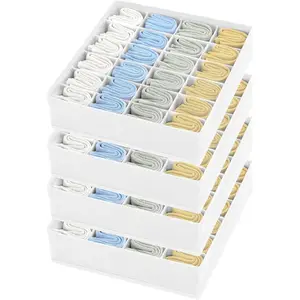 Sock Drawer Organizer Divider Underwear Organizer 24-cell Fabric Dresser Drawer Organizers Storage Boxes For Socks,Lingerie,Handkerchiefs,Ties 4 Pack (White)