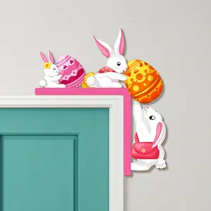 Easter Door Corner Decorations Wooden Door Frame Ornament Bunny Decor Funny Wall Decor Wooden Party Supplies Easter Decoration for  Doors Windows Walls (Funny)