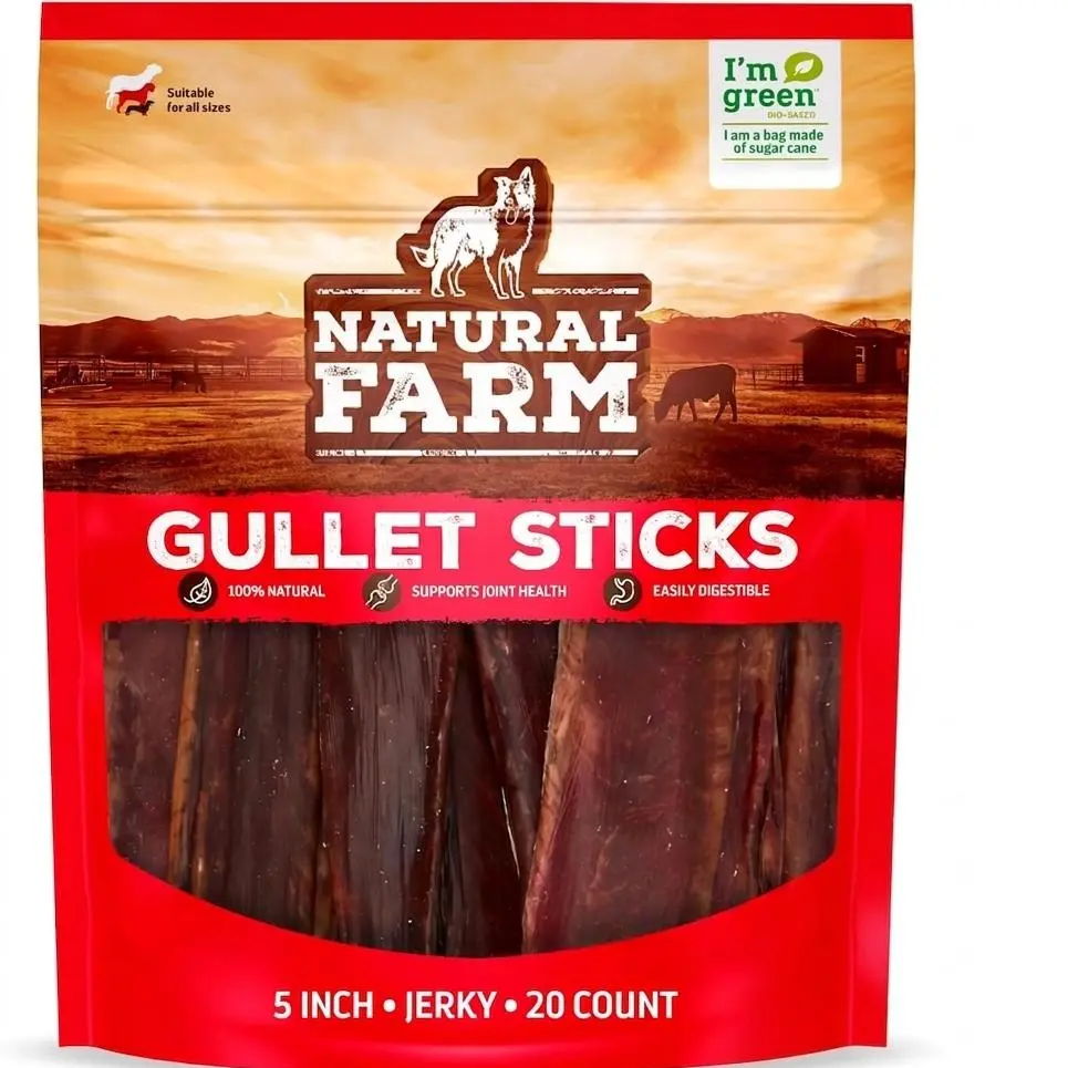 Natural Farm Grass-Fed Beef Gullet Chewy Flat Sticks, 5-Inch 20-Count Dog & Puppy Treats, Limited-Ingredient Joint Support Supplement with Glucosamine & Chondroitin, Digestible Chews