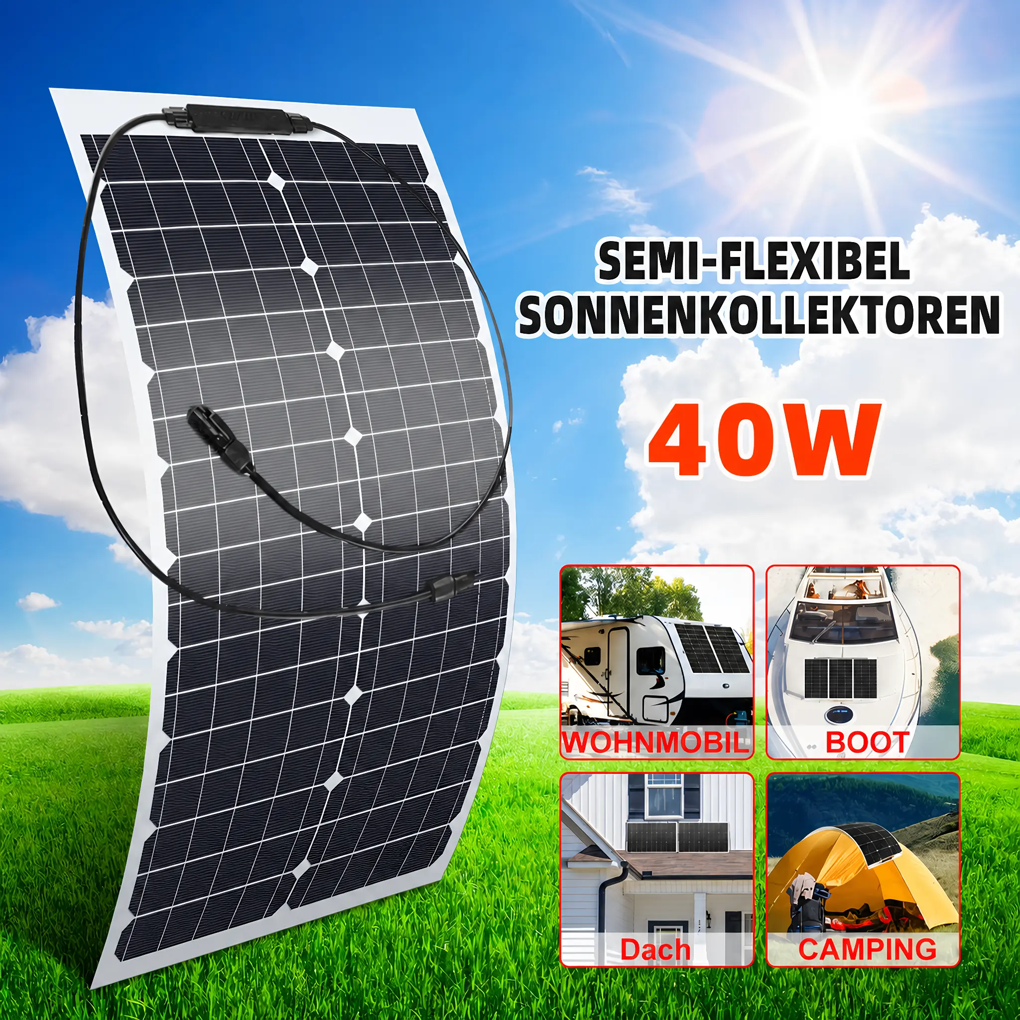 40W Semi-Flexible Solar Panel, IP67 Waterproof Monocrystalline Solar Charger with ETFE Coating, High Efficiency Portable Solar Panel Kit with MC4 Connectors for RV, Camper, Boat, Car, Roof and Off-Grid