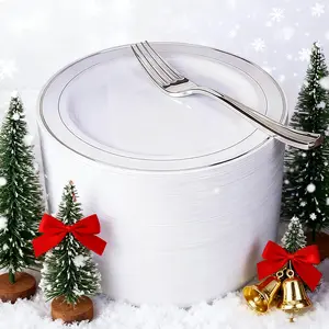 50-Piece Silver Color Plastic Dinnerware Set, Includes 25 Plates & 25 Forks, Reusable Festival Party Tableware Supplies for Halloween Christmas Daily Use