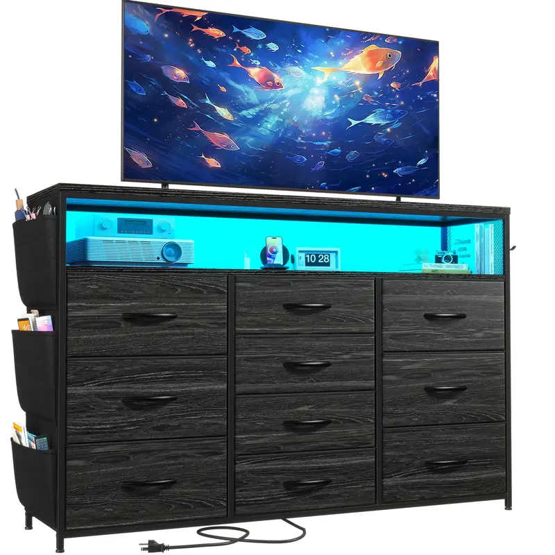 Raybee 10 Drawer Dresser for Bedroom with Wood Open Shelves, 55" TV Stand Dresser for Bedroom with Power Outlets and LED Lights, Fabric Dressers & Chest of Drawers with Side Pocket, Ideal for Living Room, Closet