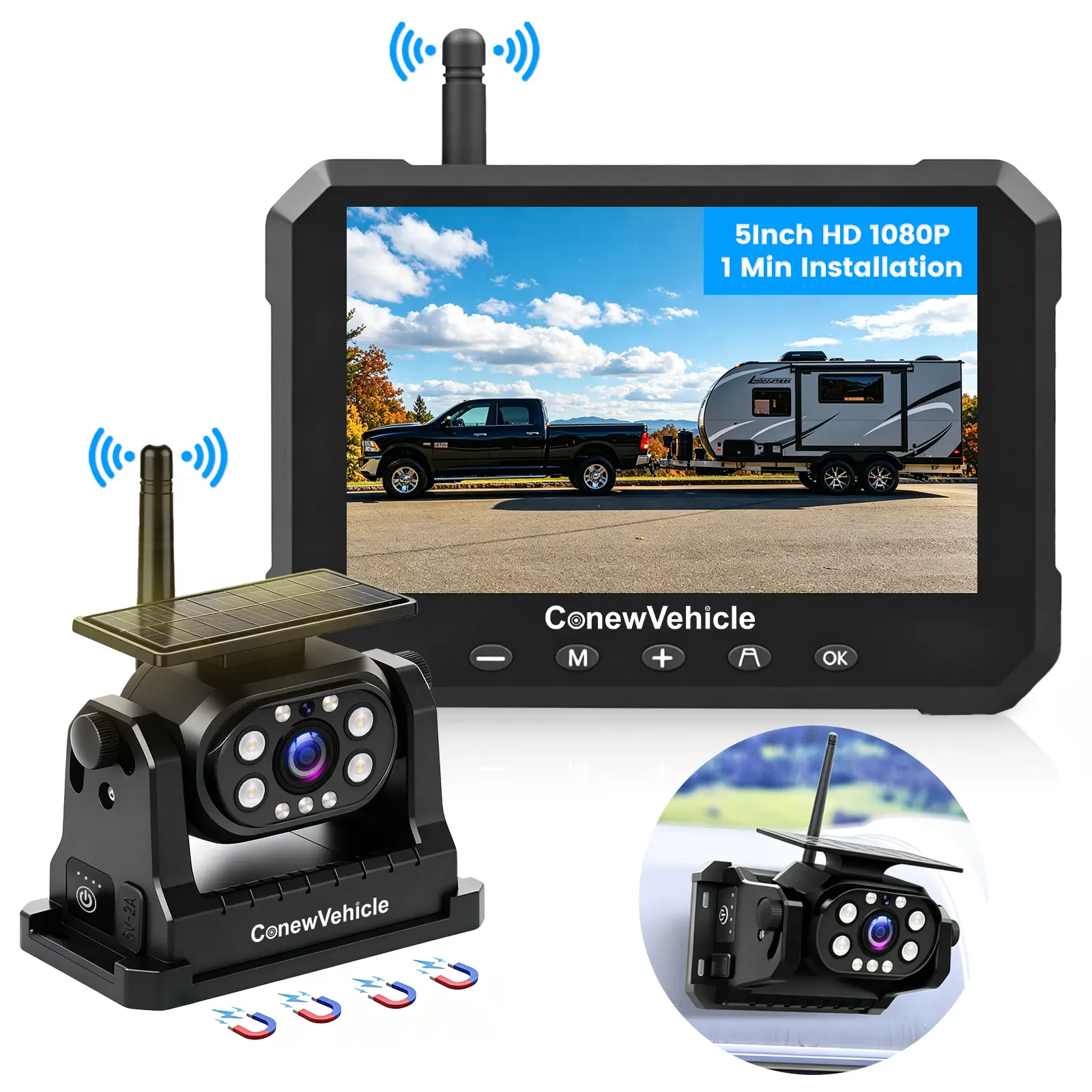 ConewVehicle 1080P HD Wireless Backup Camera: 1-Min Magnetic Easy Install No Wiring 5" Monitor with Clear Night Vision - 24H Long Life Solar Scratch-Proof Waterproof Rear View Camera for Truck Trailer SUV Small RV