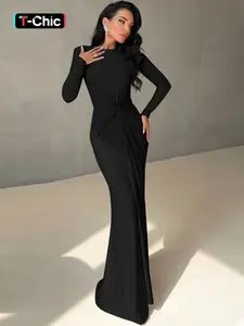 Women's Elegant Solid Color Ruched Padded Shoulder Long Sleeve Knit Bodycon Maxi Dress, Crew Neck Gown for Evening Parties, Clubs and Holidays, Formal Dresses for Ladies, Special Occasion Wear for Spring, Fall & Winter