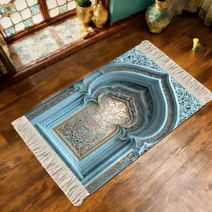 Arabian Palace Prayer Mat, Gradient Blue Fringe Design, Soft Durable Foldable Praying Rug, Silent Anti-Stain Floor Protector