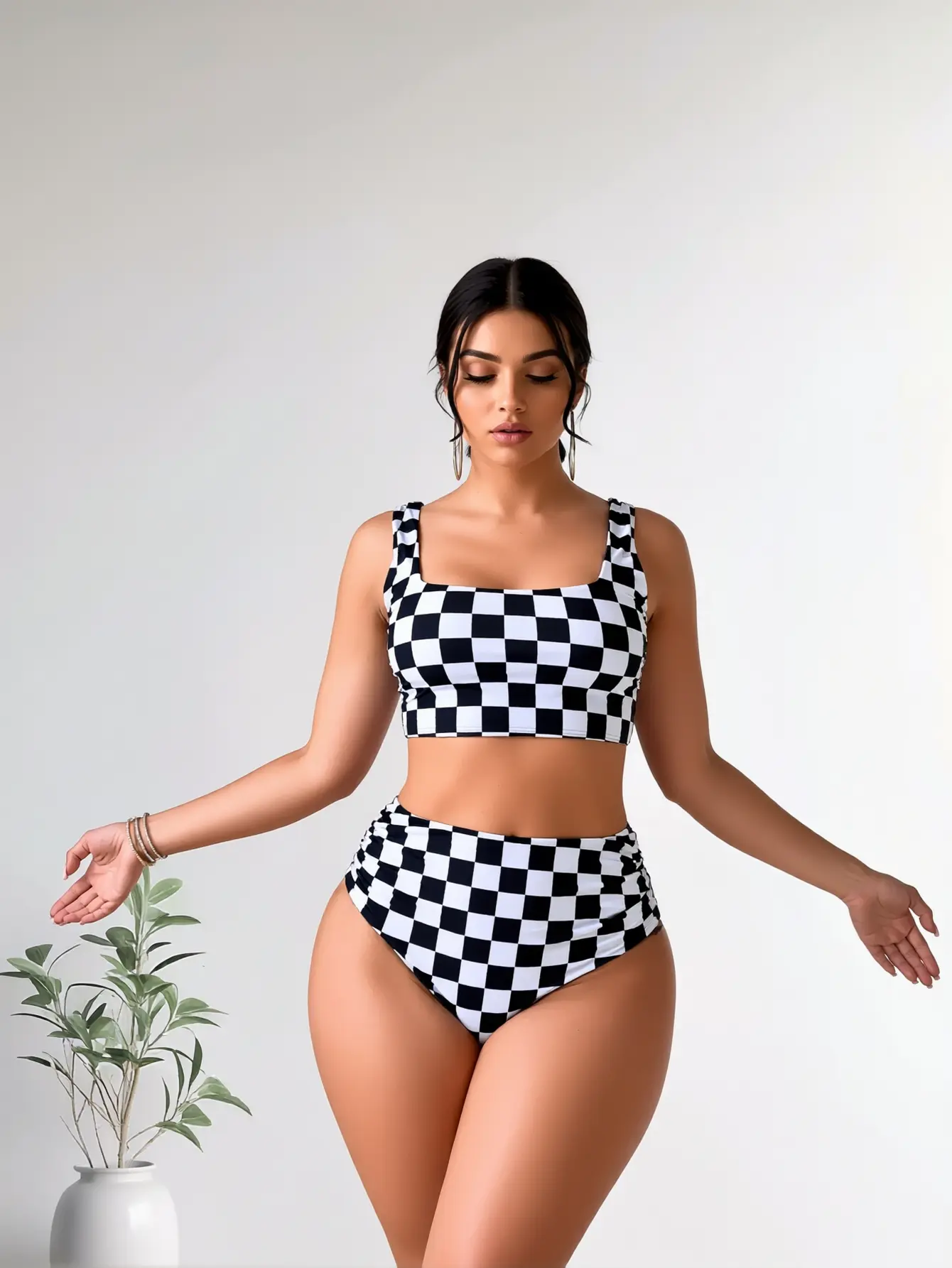 Women’s Checkerboard 2-Piece High-Waisted Swimsuit, Black & White Square Neck Crop Top Bikini Set, Vintage Retro Bathing Suit for Beach & Vacation