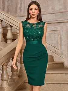 MIUSOL 54456A Classic Sequin Floral Lace Round Neck Sleeveless Cocktail Party Fitted Dress,Elegant Women Dress