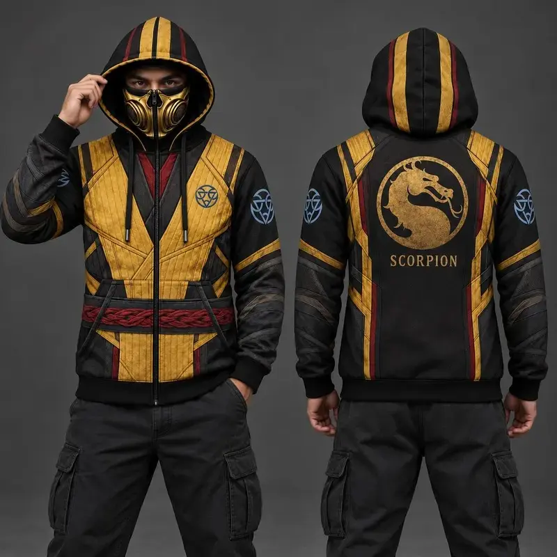 M0rtal K0mbat Sub-Zero Mens Zip-Up Hoodie, Lin Kuei Guild Built-In Face Mask Jacket, Blue Black Ninja Armor All-Over Print Hooded Sweatshirt, Cosplay Gamer Gift