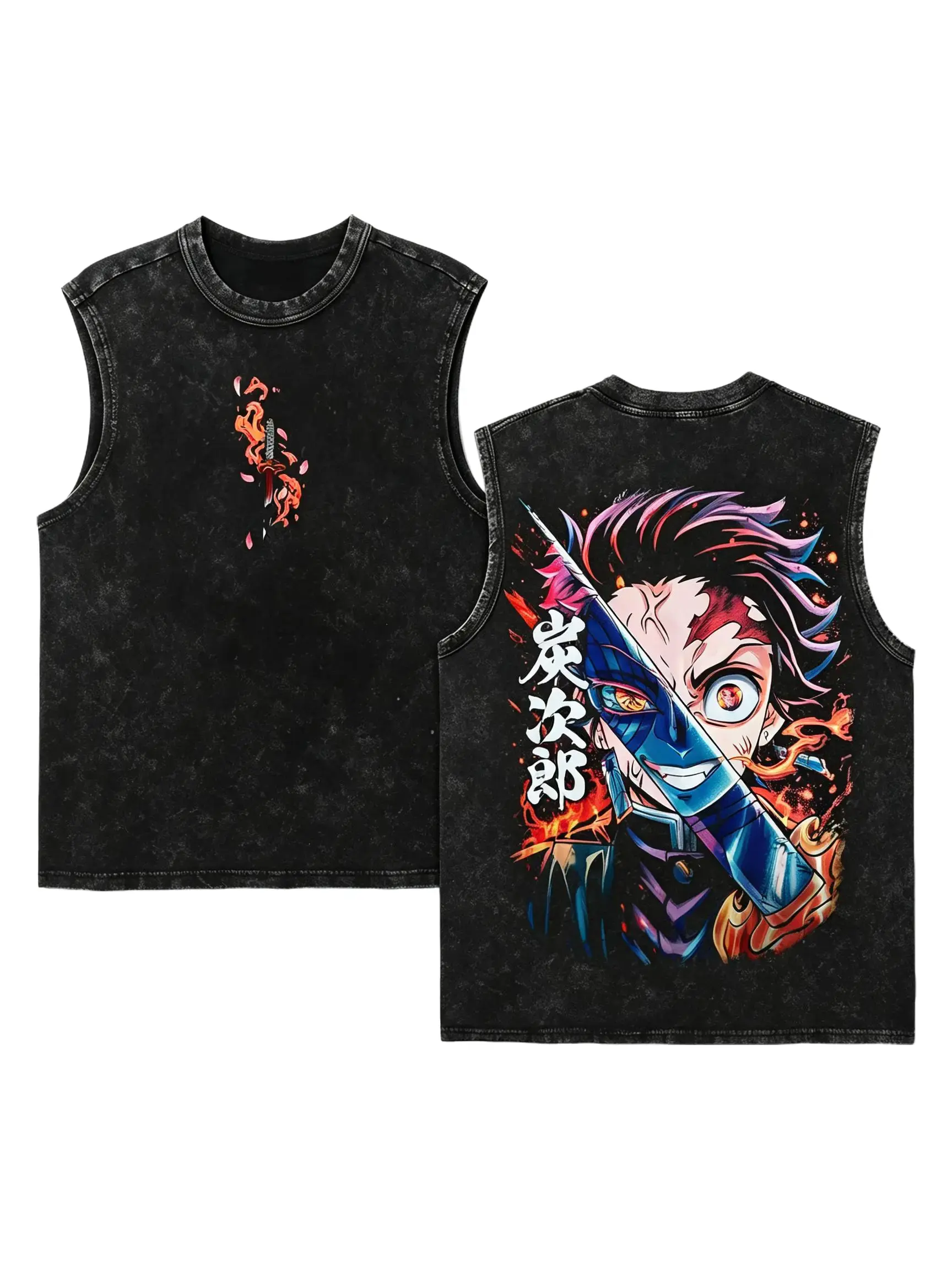 Vintage Tanjiro Sleeveless Tank Top,Demon Slayer Anime Vest,Kimetsu No Yaiba Graphic Tank,Anime Streetwear Tank,Manga Print Washed Sleeveless Shirt,trendy t-shirt,oversized t shirts,graphic apparel,fan merch.