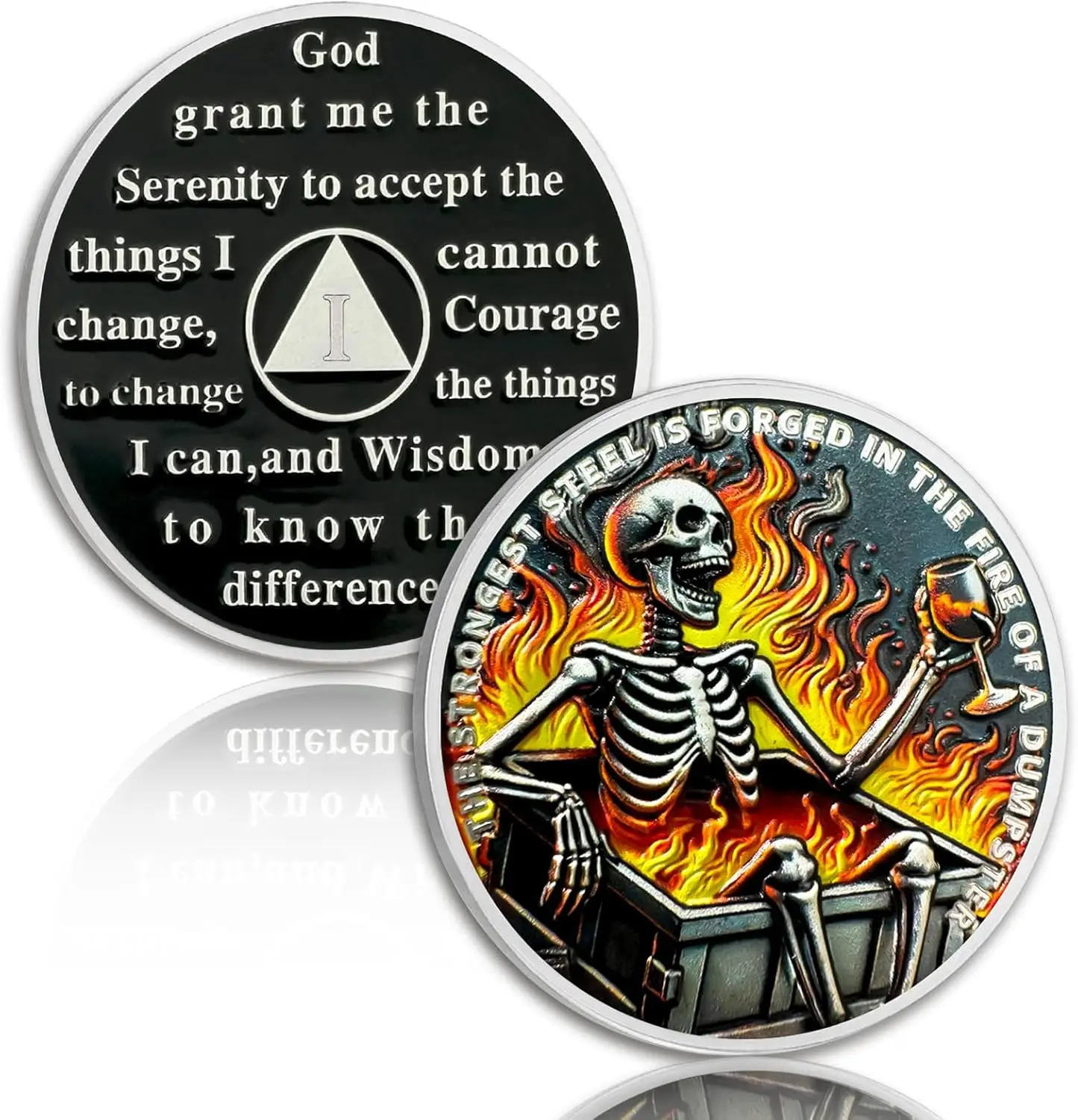 Skeletons in The Fire 1 Year Sobriety Coin, Dumpster Fire AA Coin, Affirmation Chips and Medallion, Serenity Prayer Recovery Token, Inspirational Sobriety Gifts for Men & Women