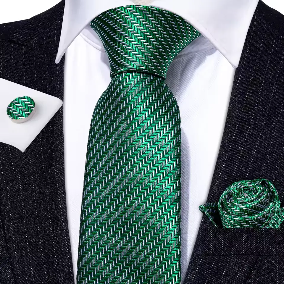 Barry.Wang Green Mint Teal Silk Men Tie, Hanky & Cufflinks Set