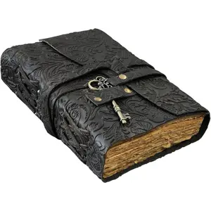 Embossed  Journal with Antique Key  Pages Handmade Journal  Sketchbook Notepad  Travel Journal Book of Shadows  grimoire (Black, 10x7 Inch)