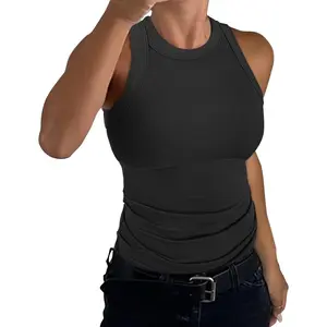 Womens Sleeveless Racerback High Neck Casual Basic Cotton Ribbed Fitted Tank Top Womenswear Crewneck Bridal Beige Minimalist