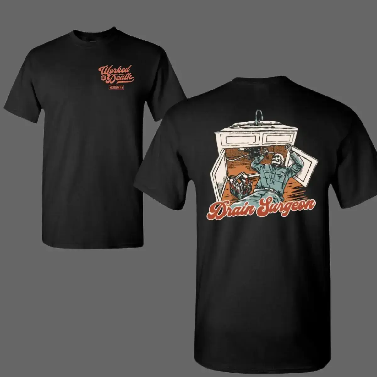 Drain Surgeon T-Shirt, Plumber Under Sink Graphic, Blue Collar Humor Design, 2 Sides, Soft Cotton Blend Shirt, Tradesman Gift for Men & Women Streetwear Crewneck Shortsleeve Tropical Menswear Top Tshirt Casual Casual