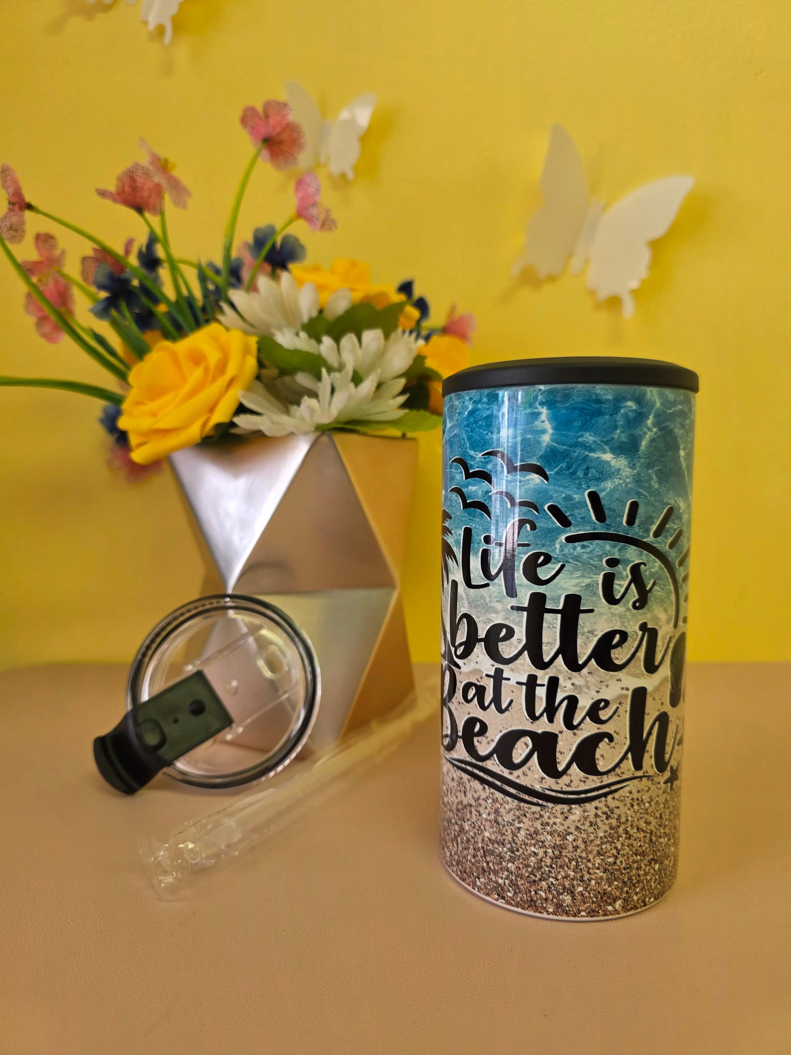 Handmade 4‑in‑1 Insulated Stainless Steel Tumbler & Koozie – 14oz Can/Bottle Holder with Built‑In Bottle Opener – Beach Life Ocean Design
