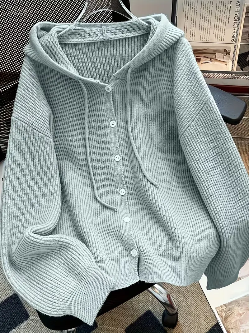 Hooded button-down cardigan, autumn/winter solid color casual simple cardigan, soft, comfortable and elegant women's clothing.