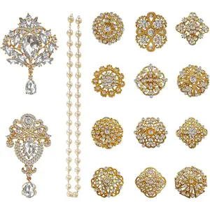Yhsheen Rhinestone Brooches Crystal Brooch Pins, Pearl Crystal Wedding Bouquet kit Set (Gold-14pcs)…