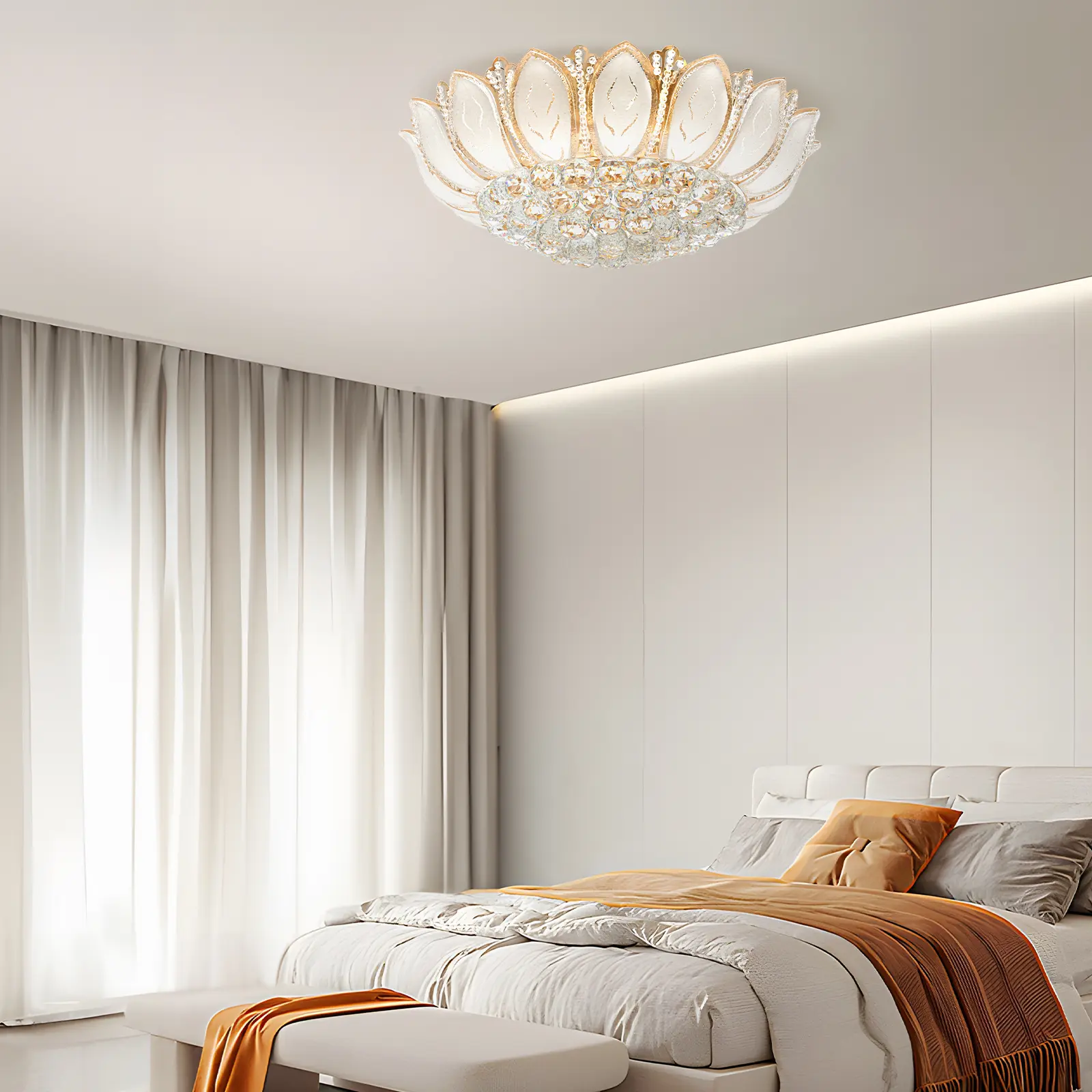 Gold Lotus Crystal Chandelier - 7-Light E12 Remote Control, 360° Lighting, Crystal Metal, Lotus Shape, Modern 60x55cm Glass Shade Flush Mount Ceiling Light Boxed Set for Living Room, Bedroom