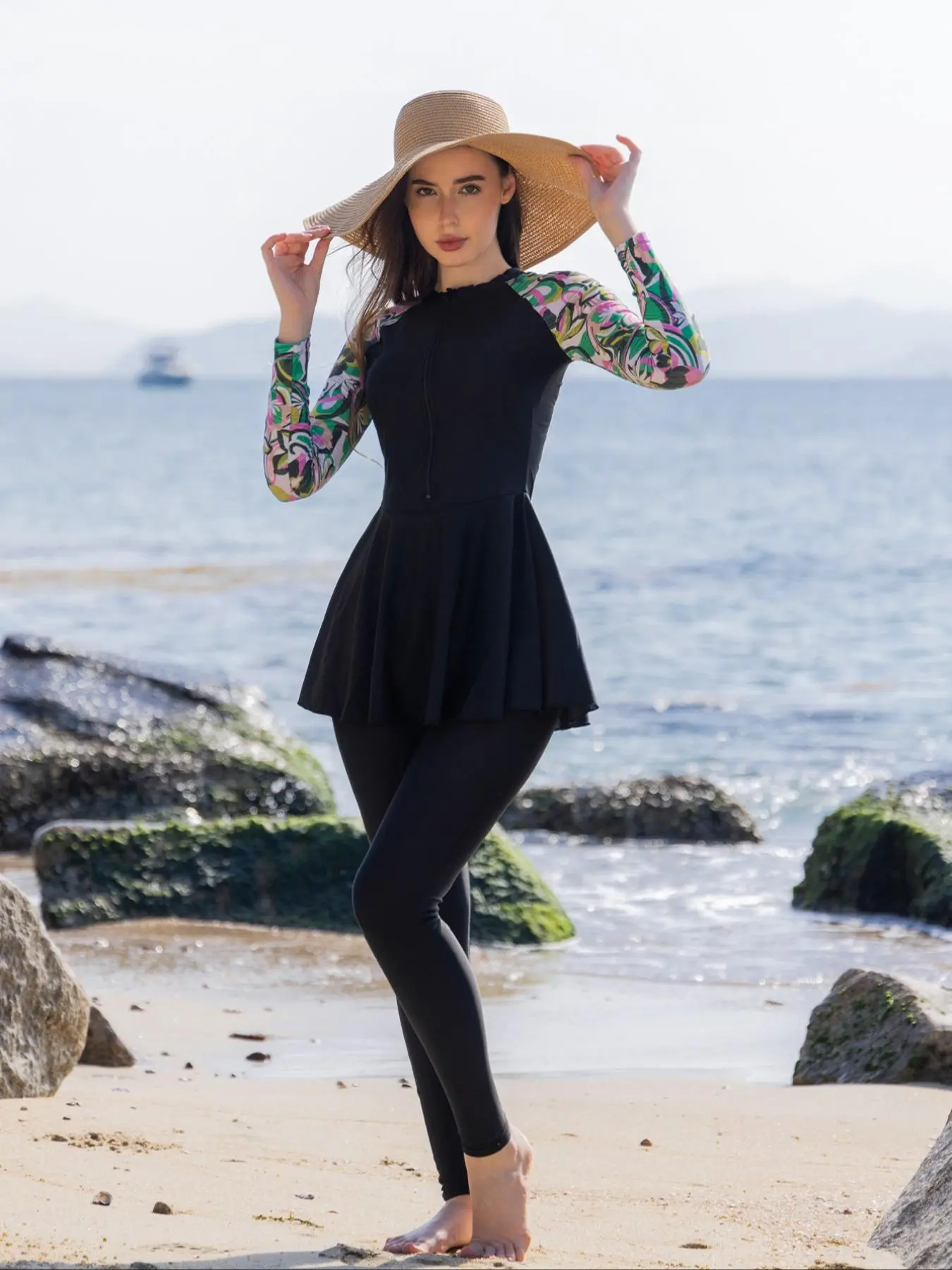 Women's Long Sleeve Round Neck Zip Up Top & Solid Color Leggings Islamic Swimsuit Set, High Stretch Comfortable Breathable UV Protection Swimwear Set for Beach Vacation, Modest Swimming Wear, Modest Swimsuits, Muslim Swimwear