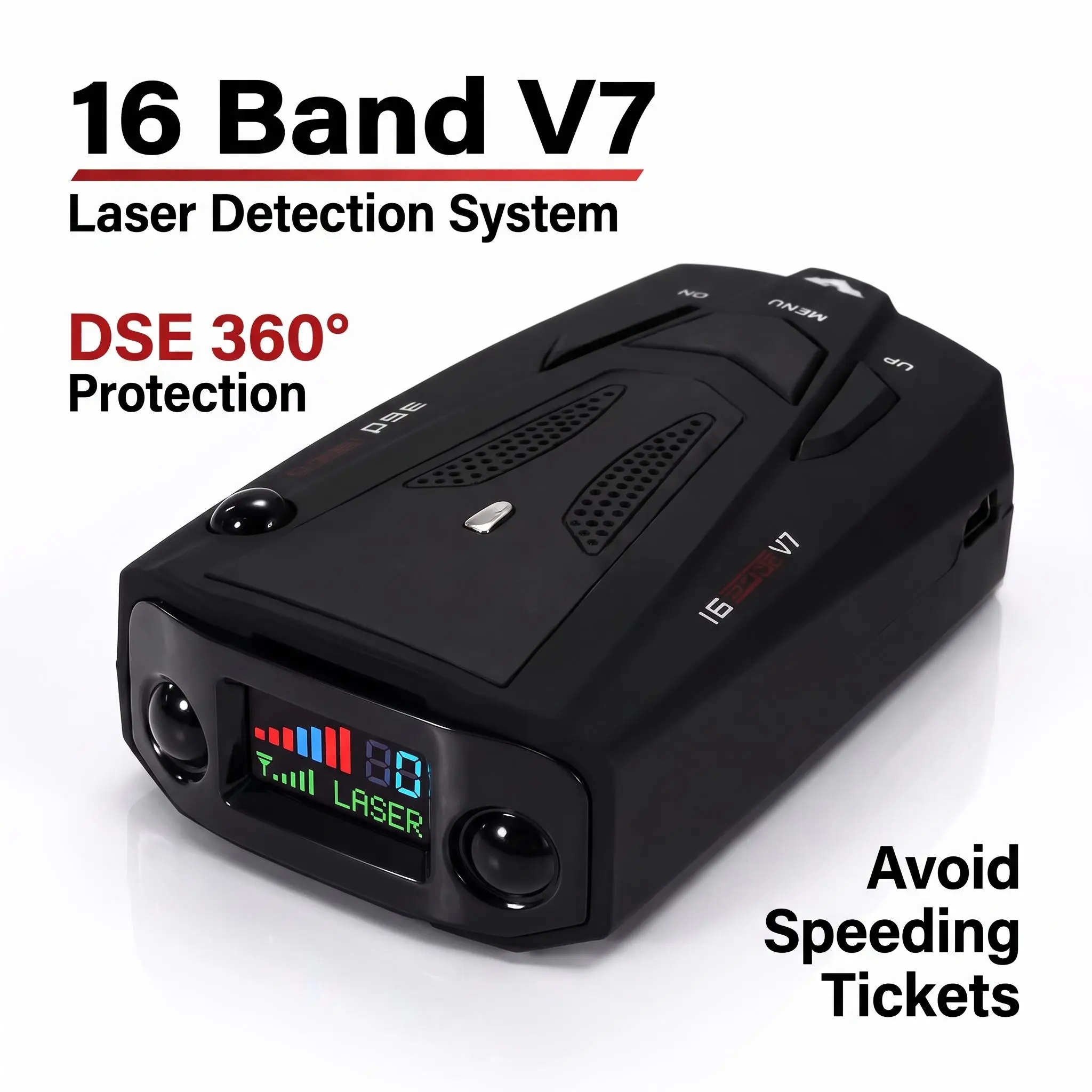V7 360-Degree Full Coverage Auto Speed Warning Monitor - 12V Multi-Band Radar Overspeed Alert, Car Windshield Mount, Essential Safety Accessory for Daily Drivers, Travelers (Highway, Rural Roads)
