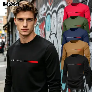 Men's 5-Pack Long Sleeve Crew Neck T-Shirts, BALNCE Print Red Gradient Graphic Tops, Soft Breathable Stretch Quick-Dry Fabric, Casual Athletic Slim-Fit Tees for Workout Gym Streetwear Daily Wear