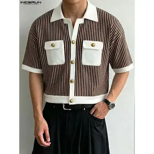 INCERUN Men's Striped Patchwork Colorblock Short Sleeve Shirt, Casual Street Style Fashion Top, Comfortable and Stylish, Perfect for Daily Wear