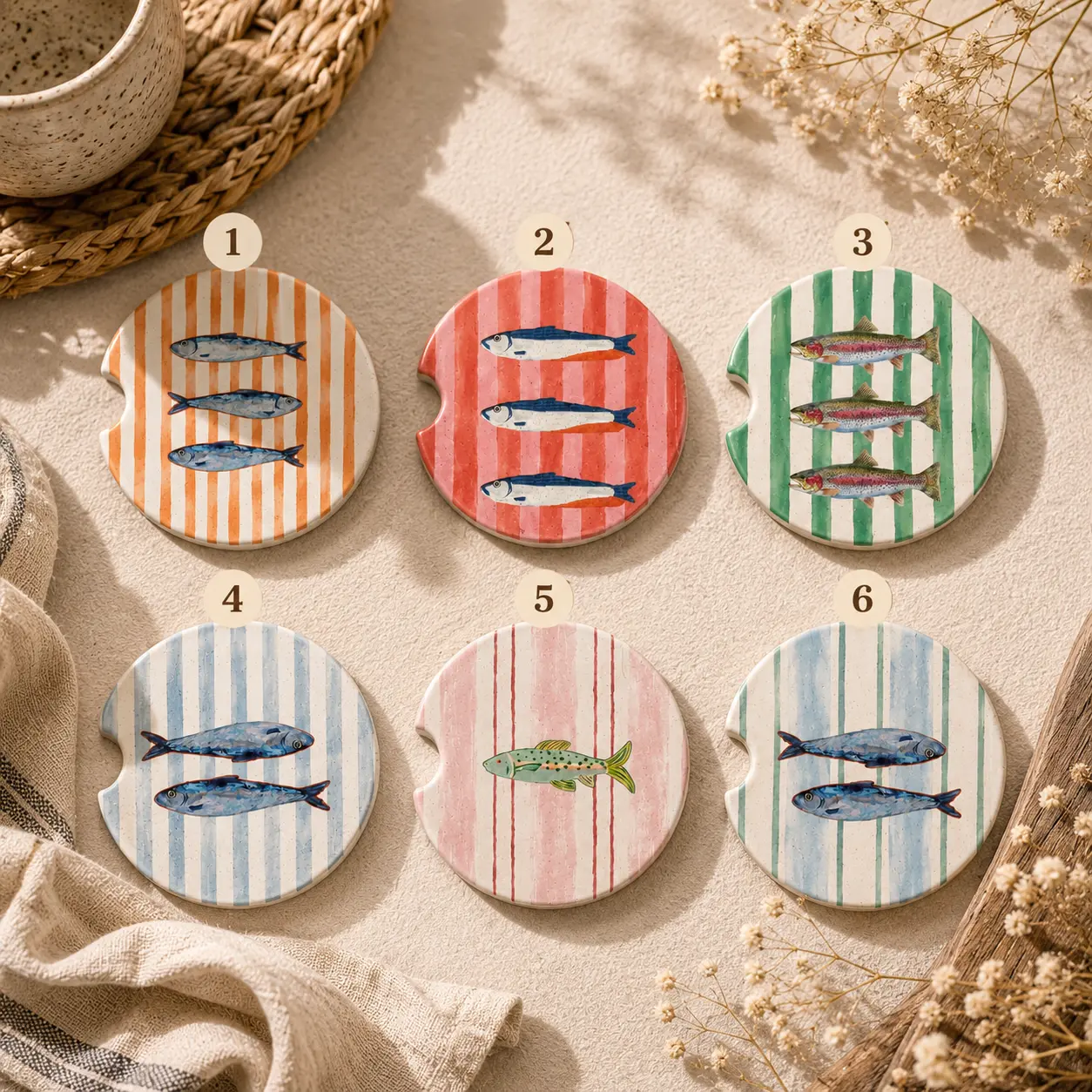 Sardine Fishing Car Coasters Set of 2, Coastal Fish Soapstone Cup Holder Inserts, Nautical Car Accessories for Anglers