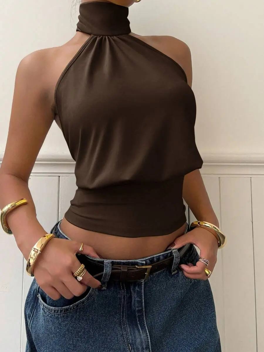 PULSE x Muchica Chocolate Brown Knit Turtleneck Top For Women,Summer Top