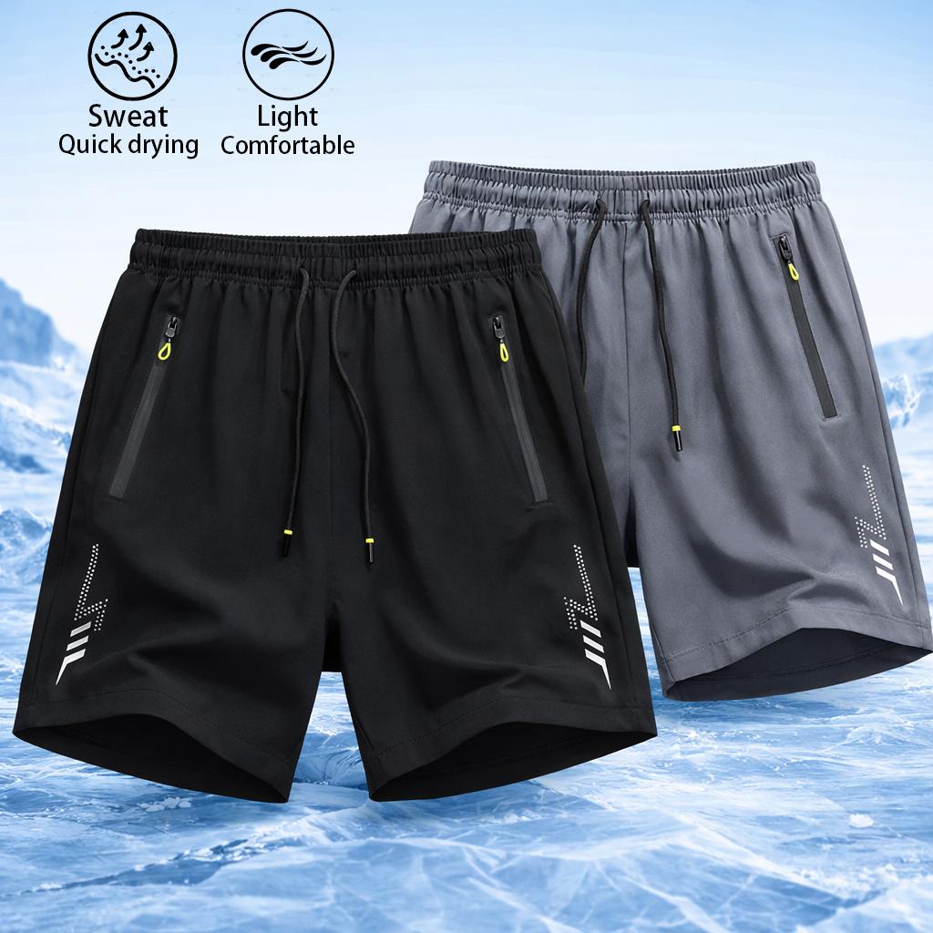 2-pack ice silk quick-dry shorts; men’s casual breathable shorts; men’s lightning print quick-dry shorts. Features an elastic waistband and drawstring design, zippered pockets, and a second-skin feel suitable for various sports activities.