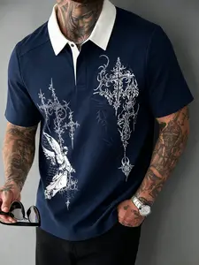 Y2K Gothic Angel Cross Print Pullover, Dark Academia Aesthetic, Retro Goth Style, Streetwear for Z-Gen, Short Sleeve Casual Top