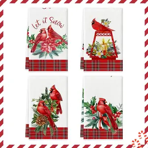 2/4pcs Christmas towel set, featuring North American Cardinals, a red robed leader, snowflake printed dishwashing tea towels, and multifunctional cleaning towels, suitable for kitchen and restaurant Christmas party home decoration